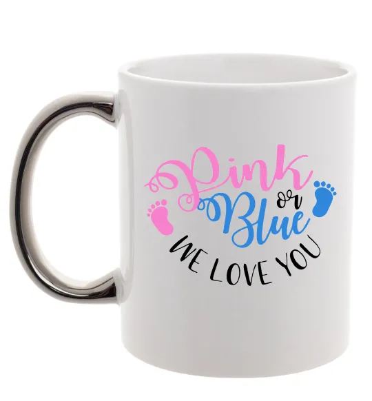 Чашка с цветной ручкой Pink or Blue we love you Серебро фото