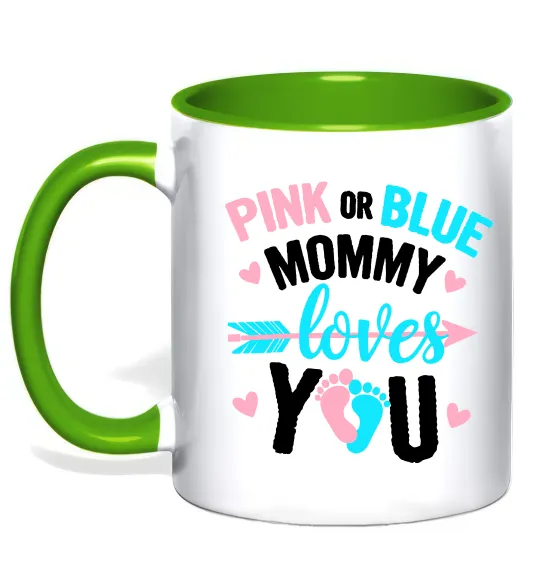 Чашка с цветной ручкой Pink or blue Mommy loves you Лаймовый фото