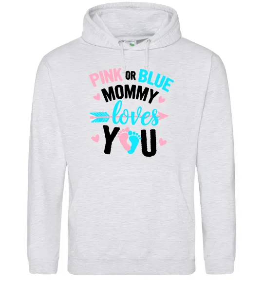 Женская толстовка (худи) Pink or blue Mommy loves you Серый меланж фото