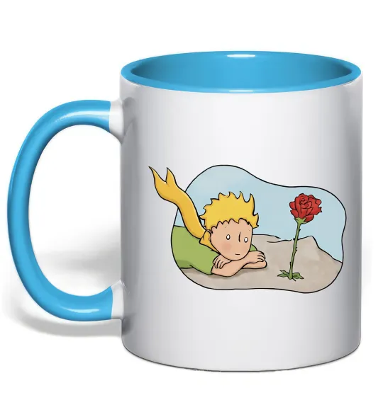 Чашка с цветной ручкой Маленький принц з квіткою Голубой фото