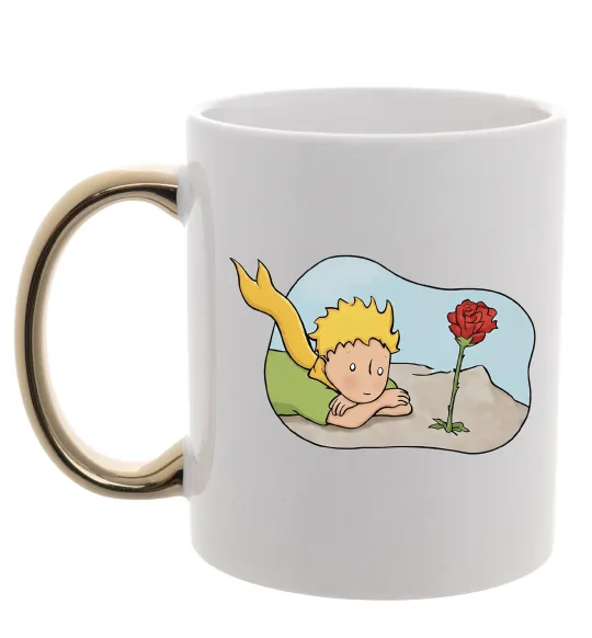 Чашка с цветной ручкой Маленький принц з квіткою Золото фото