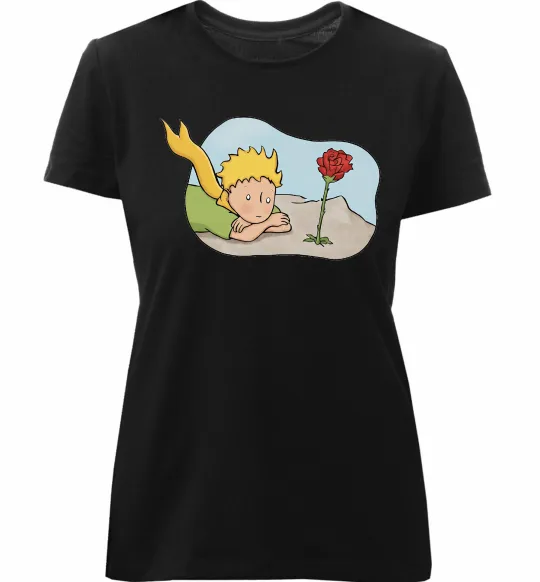 Женская премиум футболка Маленький принц з квіткою Черный фото