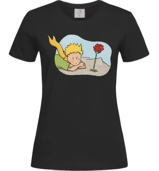 Женская футболка Маленький принц з квіткою Черный фото