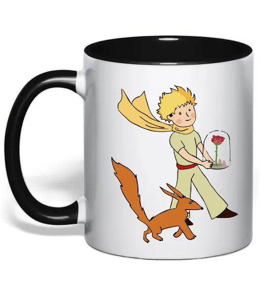 Чашка с цветной ручкой Маленький принц з лисом та квіткою Черный фото