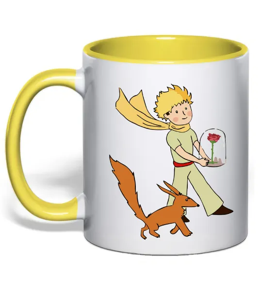 Чашка с цветной ручкой Маленький принц з лисом та квіткою Лимонный фото