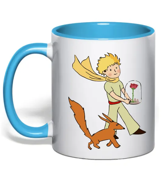 Чашка с цветной ручкой Маленький принц з лисом та квіткою Голубой фото