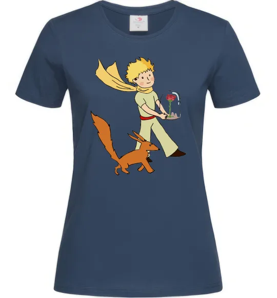 Женская футболка Маленький принц з лисом та квіткою Темно-синий фото