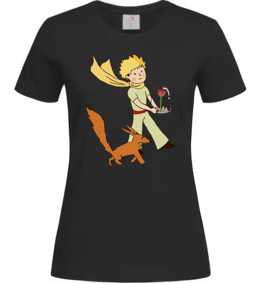 Женская футболка Маленький принц з лисом та квіткою Черный фото