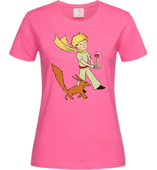 Женская футболка Маленький принц з лисом та квіткою Ярко-розовый фото