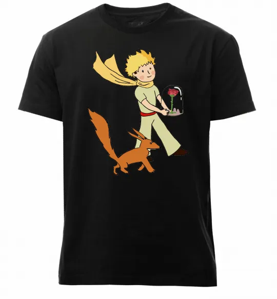 Мужская премиум футболка Маленький принц з лисом та квіткою Черный фото
