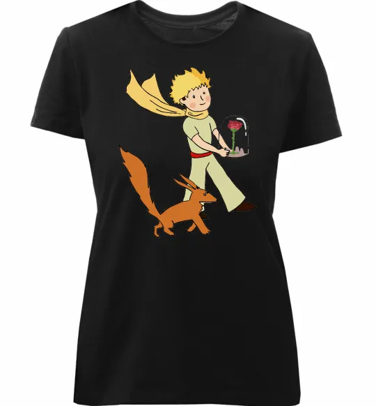 Женская премиум футболка Маленький принц з лисом та квіткою Черный фото