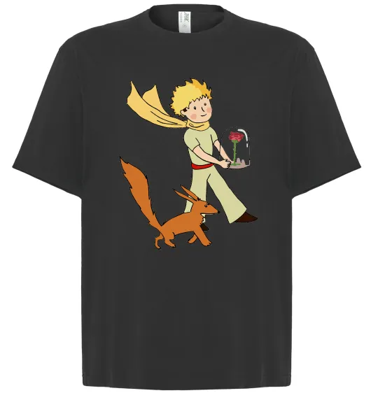 Футболка Оверсайз Маленький принц з лисом та квіткою Черный фото