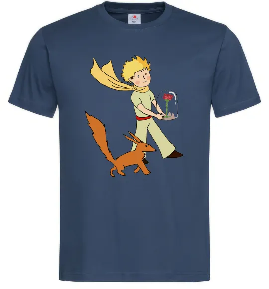 Мужская футболка Маленький принц з лисом та квіткою Темно-синий фото