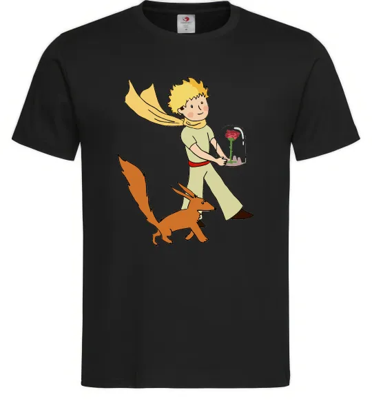 Мужская футболка Маленький принц з лисом та квіткою Черный фото