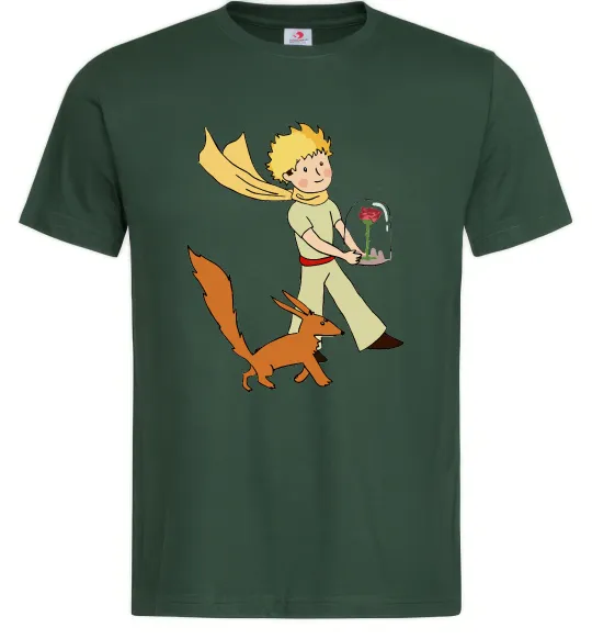 Мужская футболка Маленький принц з лисом та квіткою Темно-зеленый фото