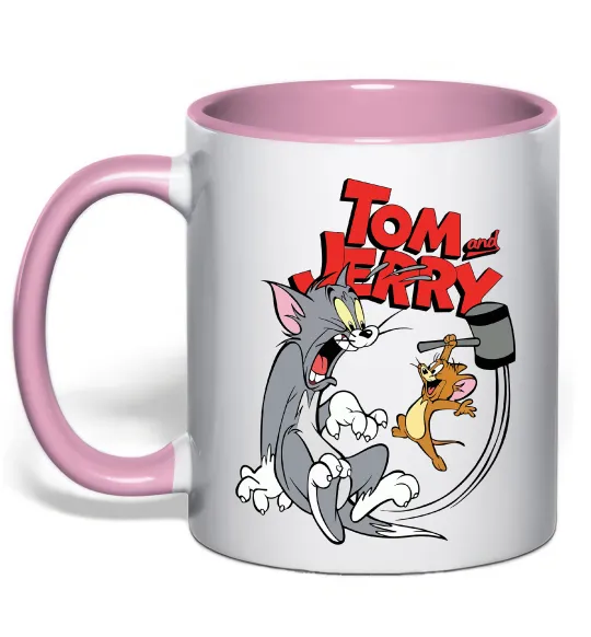 Чашка с цветной ручкой Том та Джеррі з молотом Нежно розовый фото