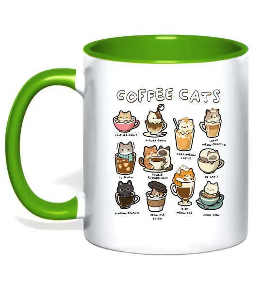Чашка з кольоровою ручкою Coffee cats Лаймовий фото