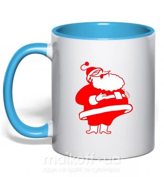 Чашка с цветной ручкой Толстый Дед Мороз рисунок Голубой фото