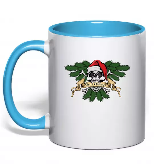 Чашка з кольоровою ручкою Christmas skull Блакитний фото