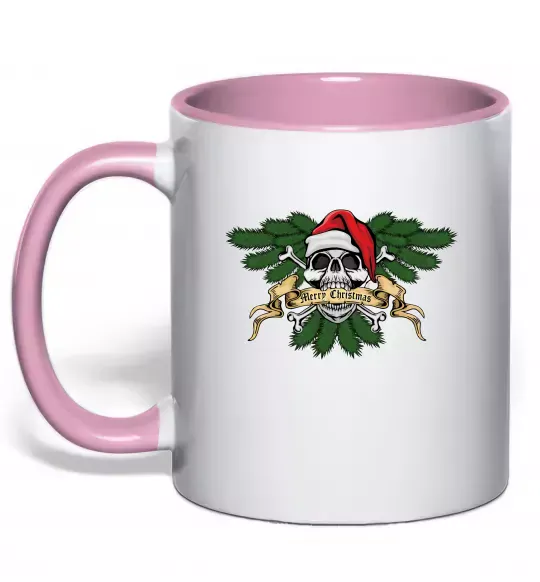 Чашка з кольоровою ручкою Christmas skull Ніжно рожевий фото