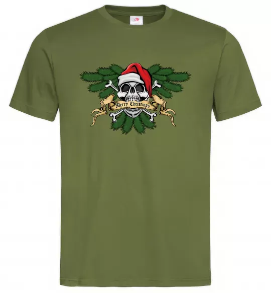 Мужская футболка Christmas skull Оливковый фото