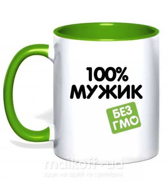 Чашка з кольоровою ручкою 100% Мужик БЕЗ ГМО Зелений фото
