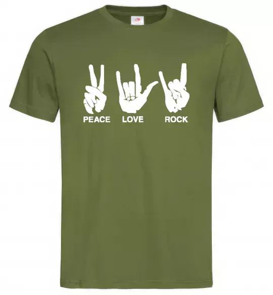 Мужская футболка PEACE LOVE ROCK Оливковый фото