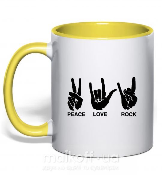 Чашка з кольоровою ручкою PEACE LOVE ROCK Сонячно жовтий фото