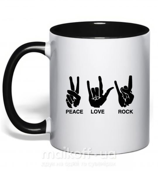 Чашка з кольоровою ручкою PEACE LOVE ROCK Чорний фото