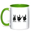 Чашка з кольоровою ручкою PEACE LOVE ROCK Лаймовий фото