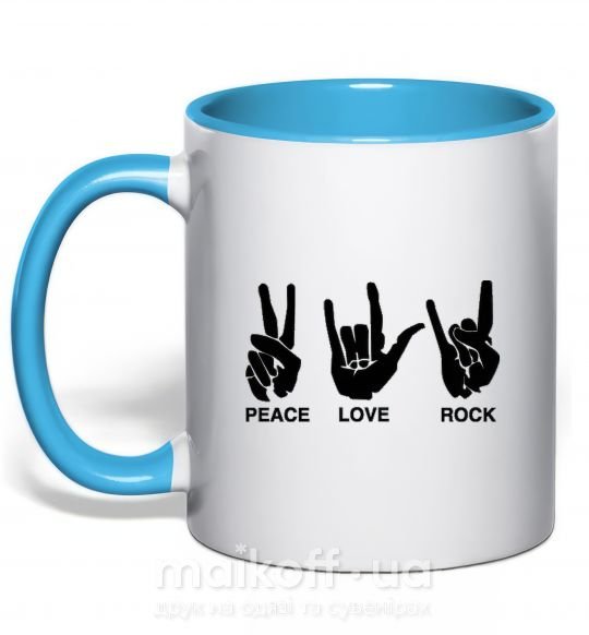 Чашка з кольоровою ручкою PEACE LOVE ROCK Блакитний фото