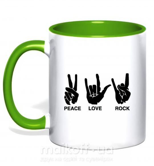Чашка з кольоровою ручкою PEACE LOVE ROCK Зелений фото