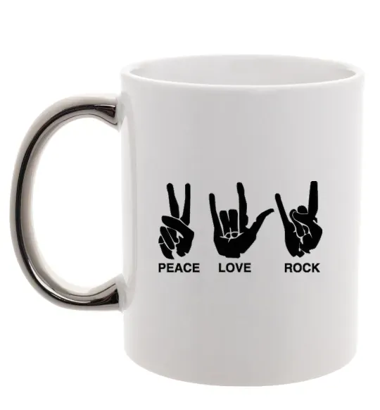 Чашка с цветной ручкой PEACE LOVE ROCK Серебро фото