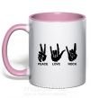 Чашка з кольоровою ручкою PEACE LOVE ROCK Ніжно рожевий фото