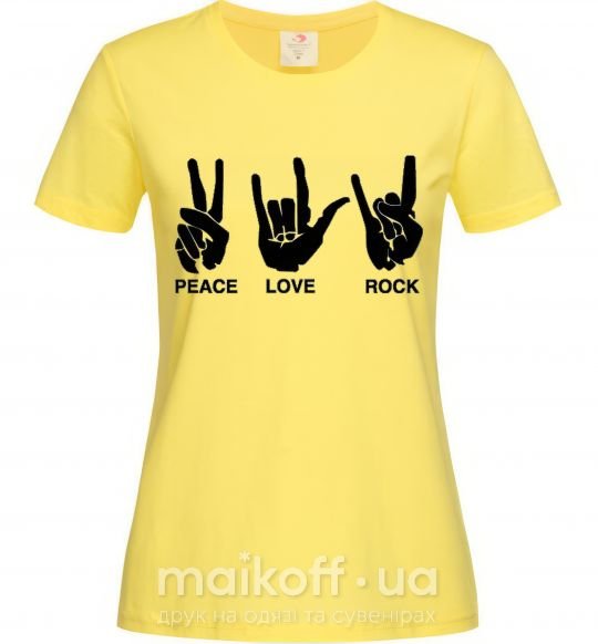 Жіноча футболка PEACE LOVE ROCK Лимонний фото