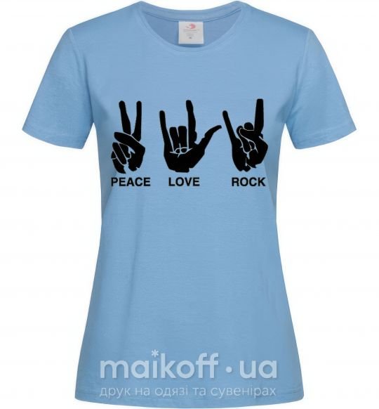 Жіноча футболка PEACE LOVE ROCK Блакитний фото