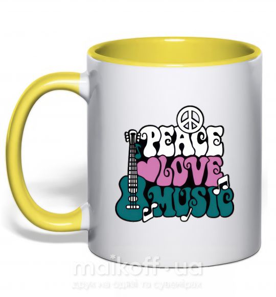 Чашка с цветной ручкой Peace love music multicolour Солнечно желтый фото