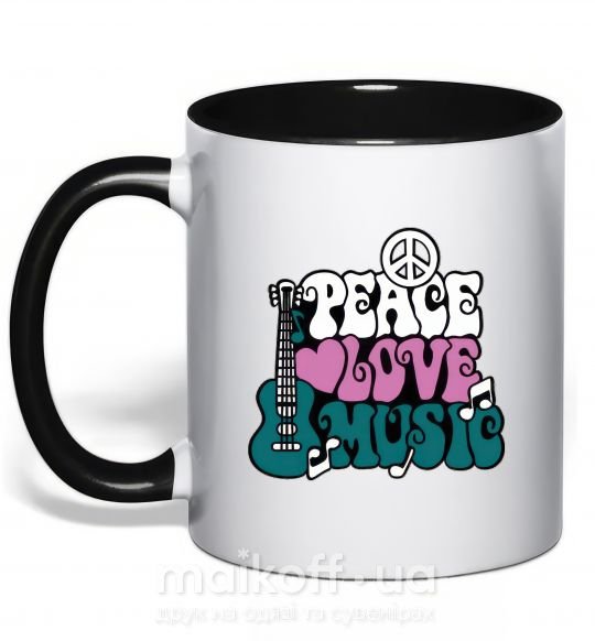 Чашка з кольоровою ручкою Peace love music multicolour Чорний фото