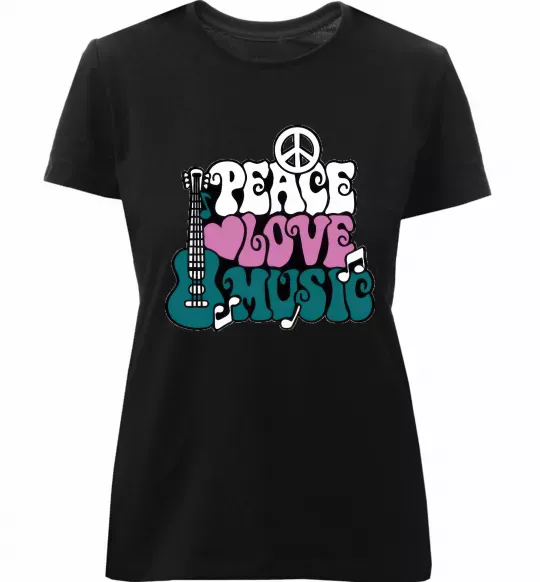 Женская премиум футболка Peace love music multicolour Черный фото
