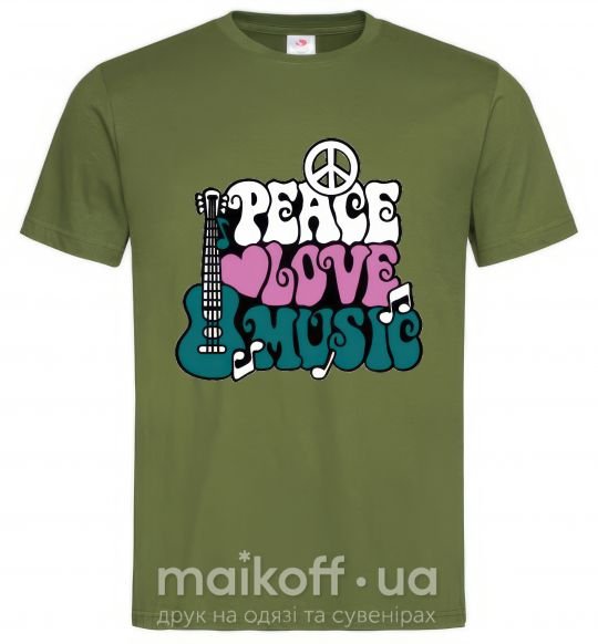 Мужская футболка Peace love music multicolour Оливковый фото