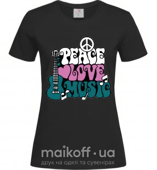 Женская футболка Peace love music multicolour Черный фото