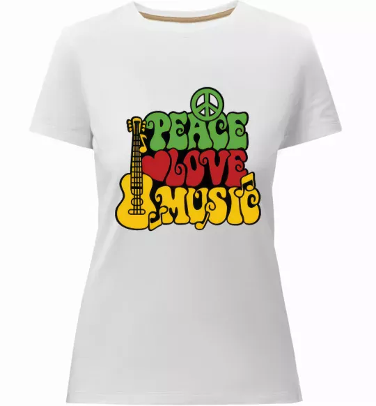 Женская премиум футболка Peace love music multicolour Белый фото