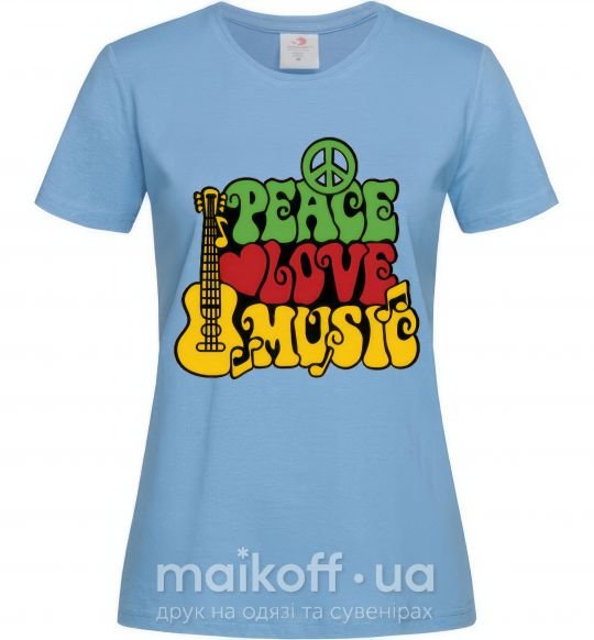 Жіноча футболка Peace love music multicolour Блакитний фото
