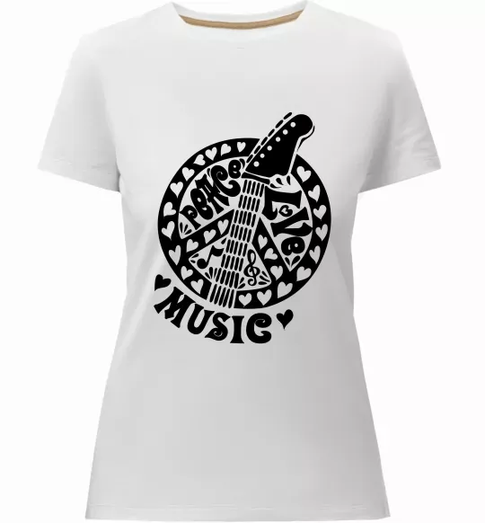 Женская премиум футболка Peace love music guitar Белый фото