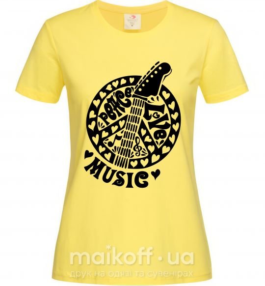 Женская футболка Peace love music guitar Лимонный фото