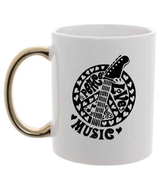 Чашка з кольоровою ручкою Peace love music guitar Золото фото