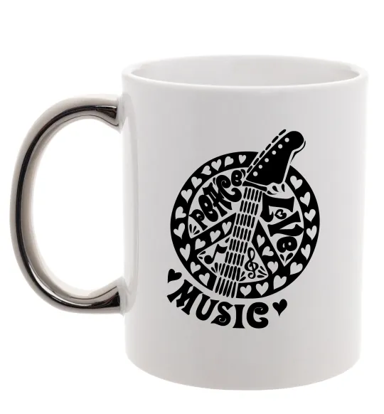 Чашка з кольоровою ручкою Peace love music guitar Срібло фото