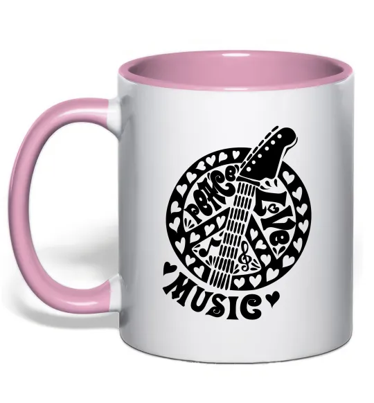 Чашка з кольоровою ручкою Peace love music guitar Ніжно рожевий фото