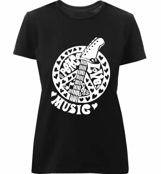 Женская премиум футболка Peace love music guitar Черный фото