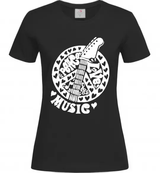 Жіноча футболка Peace love music guitar Чорний фото